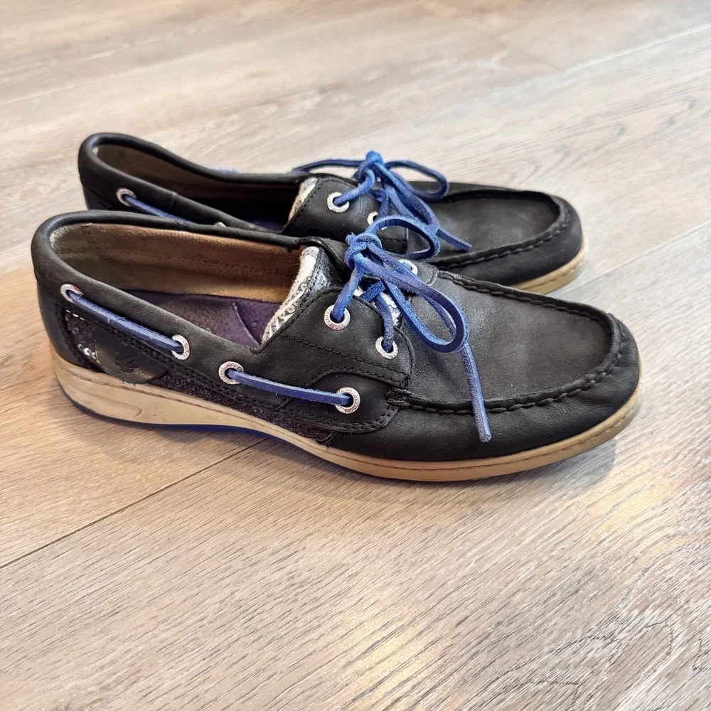 Sperry Topsider Boat Shoes Womens‎ 7.5 Black Leather Bluefish Zebra Print Casual